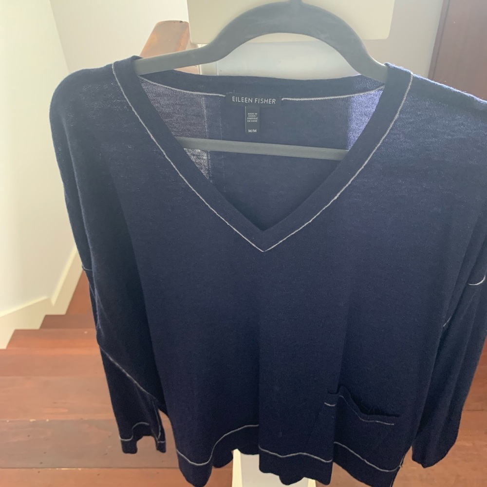Eileen Fisher navy with white stitching  and cute front pocket